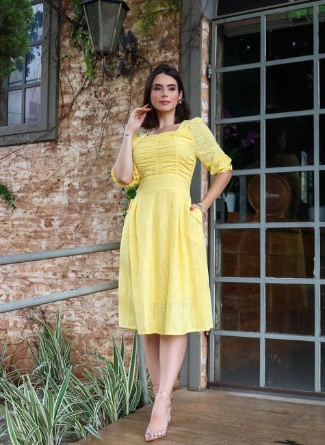 Vestido Delicado no Chiffon Amarelo Lesly Vestidos Evangélicos