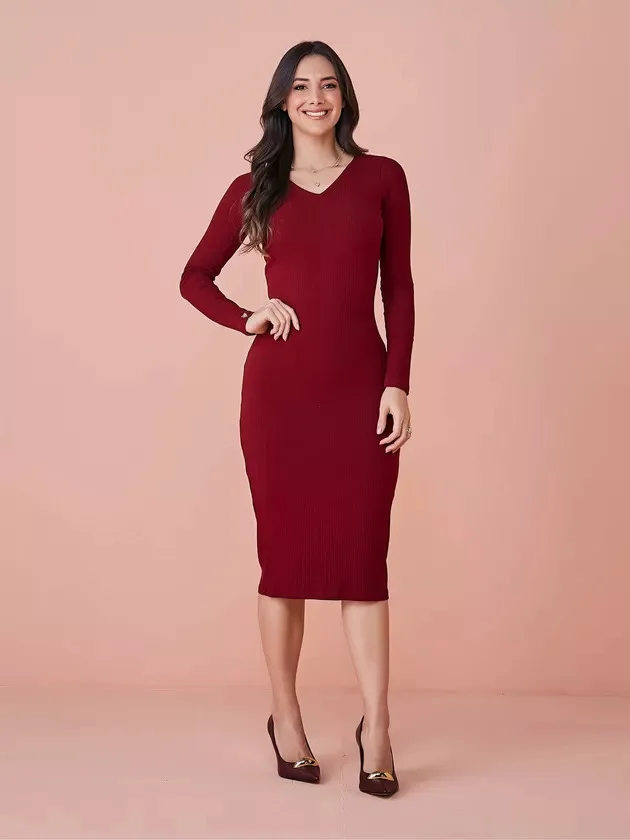 Vestido Midi na Malha Canelada Barbara Manga Longa Tata Martello