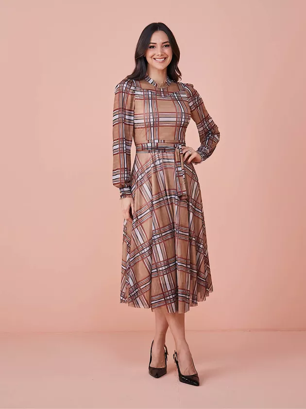 Vestido Midi no Tule Xadrez Marron Manga Longa Tata Martello