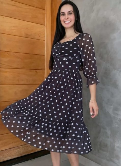 Vestido Midi no Tule Poá Sami Moda Evangélica