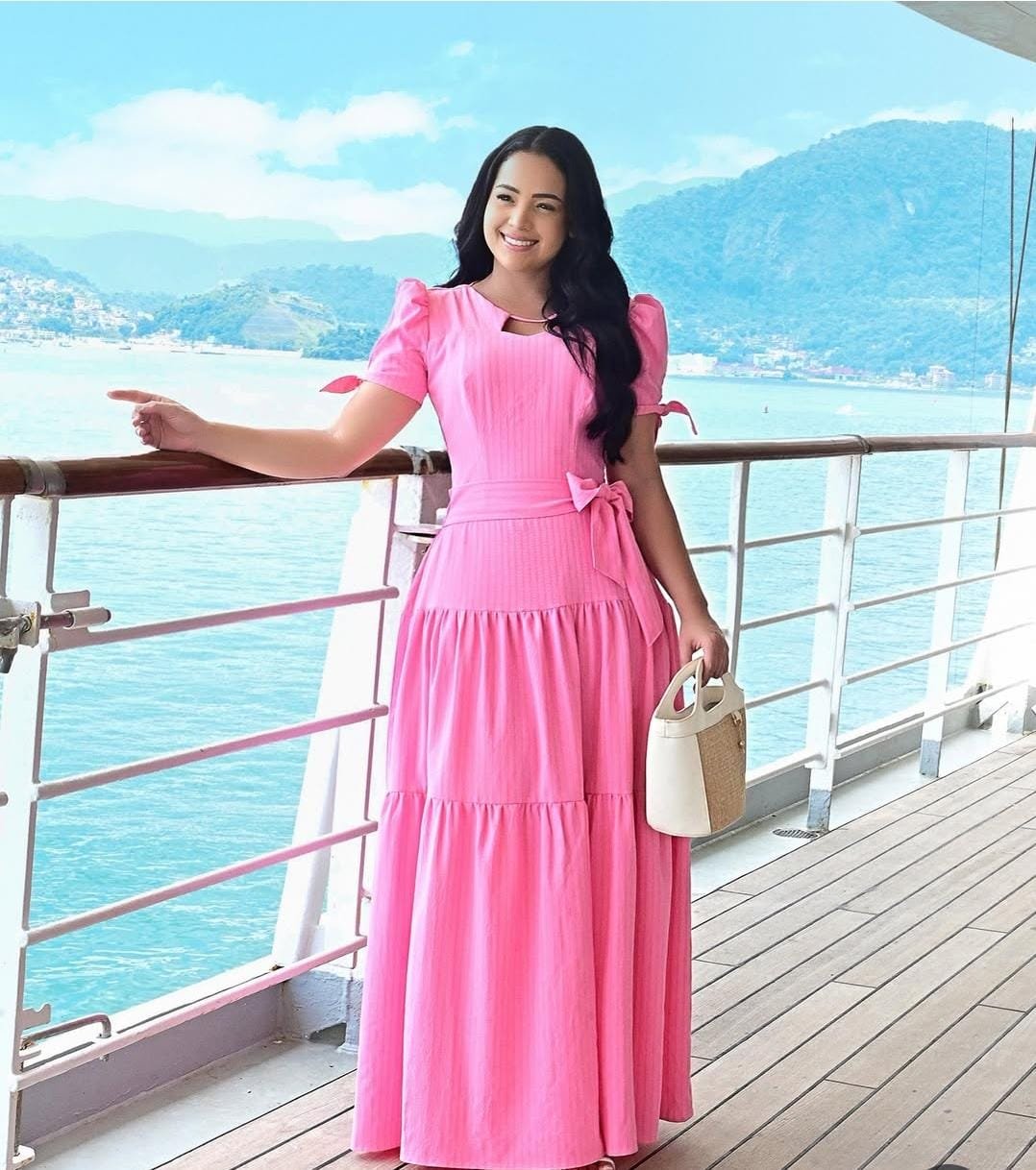 Vestido Longo Rosa No crepe valência spandex Rochedo